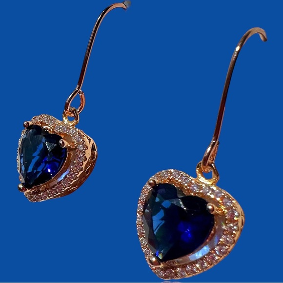 NEW Rose Gold Tone Simulated Sapphire & White Diamond Heart Dangle Earrings - Picture 6 of 8